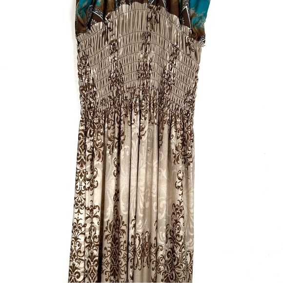 Boho Style Beige Brown Turquoise Blue Maxi Dress Lace Long Flowy Beach Vacation - Picture 9 of 16